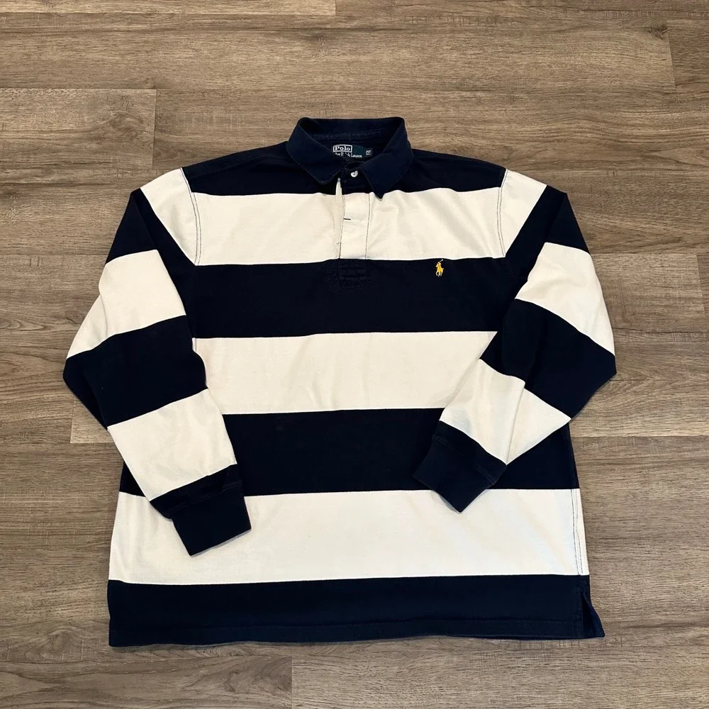 Polo Ralph Lauren Rugby Polo Shirt Mens 2LT 2XLT Big Tall Navy White Striped